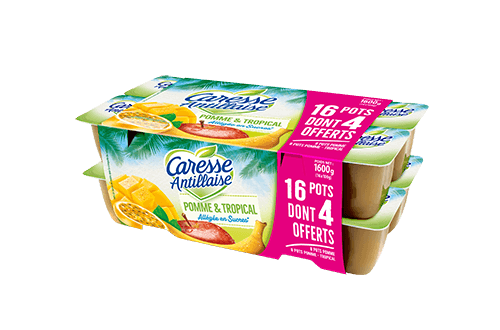 Compote de pomme-tropical (allégée en sucres) - Pack de 16 dont 4 offerts - Compotes Caresse Antillaise